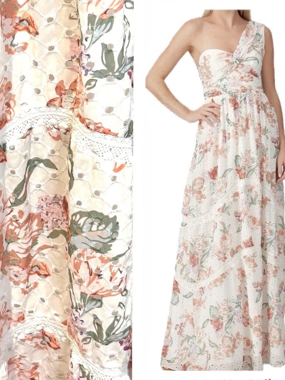 Foxiedox, Romantic Floral One-Shoulder Eyelet Maxi Dress, Size M EUC